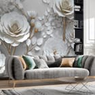 Miniatura fototapety Eleganckie białe róże z liśćmi we wnętrzu salonu