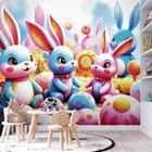 Miniatura fototapety Kolorowe króliki na łące we wnętrzu pokoju dziecka