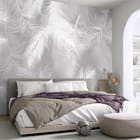 Miniatura fototapety Białe pióra na szarym tle we wnętrzu sypialni
