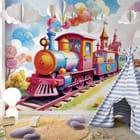 Miniatura fototapety Kolorowy pociąg i bajkowy zamek we wnętrzu pokoju dziecka