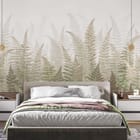 Miniatura fototapety Zielone liście paproci na jasnym tle we wnętrzu sypialni