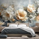 Miniatura fototapety Pastelowe piwonie na ścianie we wnętrzu sypialni
