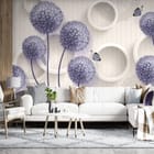 Miniatura fototapety Fioletowe kwiaty i białe okręgi we wnętrzu salonu