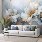 Miniatura fototapety Trzy białe kwiaty na niebieskim tle we wnętrzu salonu