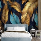 Miniatura fototapety Kolorowe pióra na ciemnym tle we wnętrzu sypialni