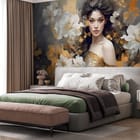 Miniatura fototapety Kobieta w sukni z kwiatami we wnętrzu sypialni