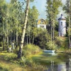 Miniatura fototapety Las z brzozami i budynek w tle