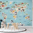 Miniatura fototapety Mapa Świata dla Dzieci z Fauną - aranżacja w pokoju dziecka