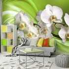 Miniatura fototapety Białe Orchidee na Zielonym Tle - aranżacja w salonie