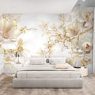 Miniatura fototapety Kwiaty magnolii na złotych gałęziach - aranżacja w sypialni
