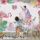 Miniatura fototapety Jednorożce i Flamingi w Kwiatach - aranżacja w pokoju dziecka