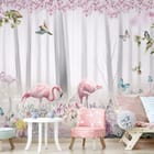 Miniatura fototapety Flamingi w kwiecistym otoczeniu - aranżacja w pokoju dziecka