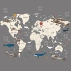 Miniatura fototapety Mapa świata z balonami i samolotami