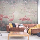 Miniatura fototapety Flamingi w wodzie z magnoliami - aranżacja w salonie