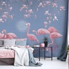 Miniatura fototapety Flamingi wśród kwitnących magnolii - aranżacja w sypialni