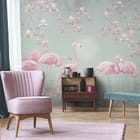 Miniatura fototapety Flamingi w wodzie z magnoliami - aranżacja w salonie