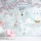 Miniatura fototapety Balon z królikami i kwiatami - aranżacja w pokoju dziecka