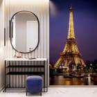 Miniatura fototapety Wieża Eiffla nocą z odbiciem - aranżacja w przedpokoju