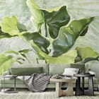 Miniatura fototapety Zielone liście na jasnym tle - aranżacja w salonie