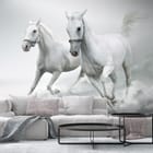 Miniatura fototapety Galopujące białe konie we wnętrzu salonu