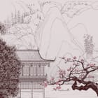 Miniatura fototapety Tradycyjny budynek z drzewem i górami