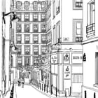 Miniatura fototapety Ulica z kamienicami i kawiarnią