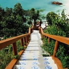 Miniatura fototapety Schody na plażę z drewnianymi poręczami