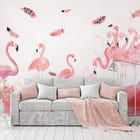 Miniatura fototapety Różowe Flamingi na Białym Tle - aranżacja w salonie