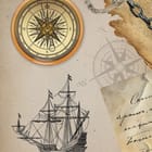 Miniatura fototapety Kompas i Statek na Starej Mapie