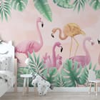 Miniatura fototapety Flamingi w tropikalnym otoczeniu - aranżacja w pokoju dziecka