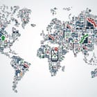 Miniatura fototapety Mapa świata z ikonami na jasnym tle