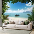 Miniatura fototapety Plaża z łodziami i palmami we wnętrzu salonu