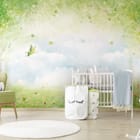 Miniatura fototapety Zielony las z kwiatami i niebem we wnętrzu pokoju dziecka