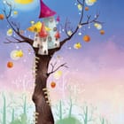 Miniatura fototapety Drzewo z domkami i księżycem