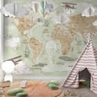 Miniatura fototapety Mapa świata z ilustracjami zwierząt - aranżacja w pokoju dziecka