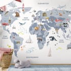 Miniatura fototapety Mapa świata dla dzieci z ikonami - aranżacja w pokoju dziecka