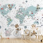 Miniatura fototapety Mapa świata dla dzieci z postaciami - aranżacja w pokoju dziecka