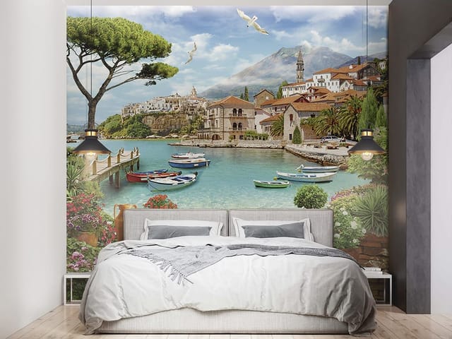 Fototapeta Nadmorska wioska z łodziami