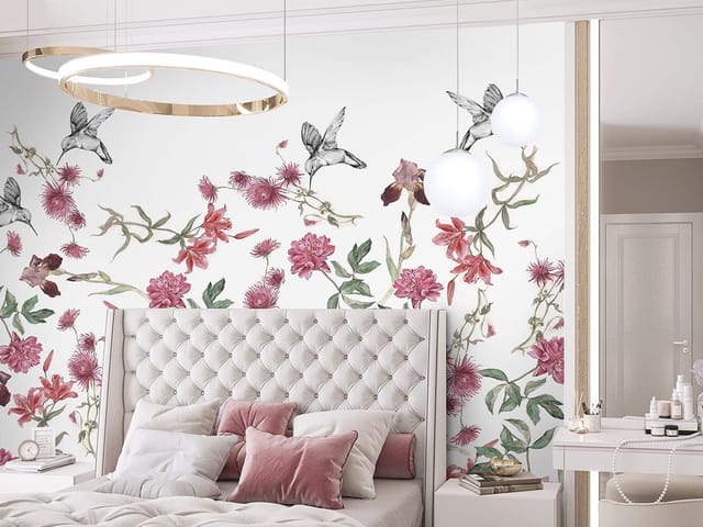 Fototapeta z różowymi i czerwonymi kwiatami oraz kolibrami na białym tle