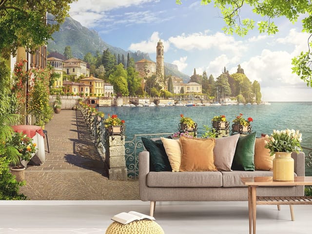 Fototapeta Promenada nad jeziorem z kwiatami