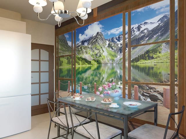 Fototapeta Widok na górskie jezioro przez okno (kod: 10852) Fototapeta Widok na górskie jezioro przez okno