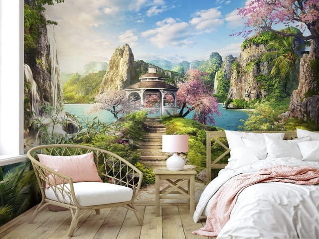 Fototapeta Altana z wodospadem i górami