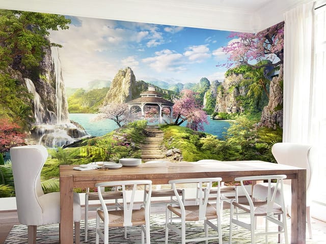 Fototapeta Altana z wodospadem i górami