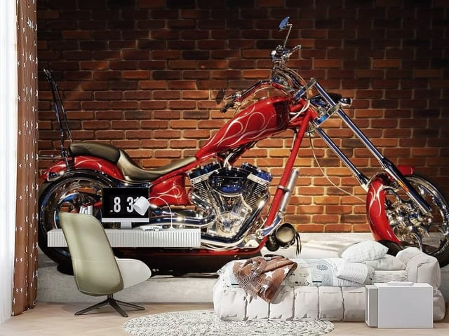 Fototapeta Czerwony motocykl na tle ceglanej ściany (mpn: FT-1252) Fototapeta motocykle – czerwony motocykl na tle ceglanej ściany