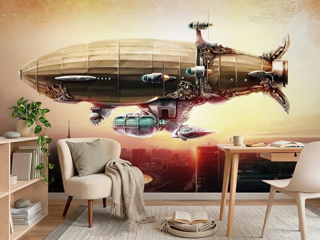 Fototapeta Sterowiec nad miastem (mpn: FT-1261) Fototapeta Samoloty – duży sterowiec w stylu steampunk