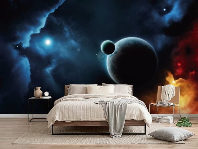 Fototapeta Kosmiczna Planeta z Księżycem (mpn: FT-1312) Fototapeta Planety – ciemna planeta z księżycem w kosmosie