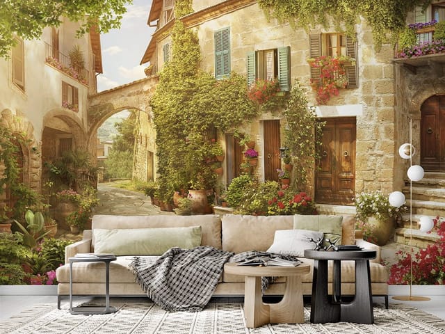 Fototapeta Kamienny zaułek z roślinami