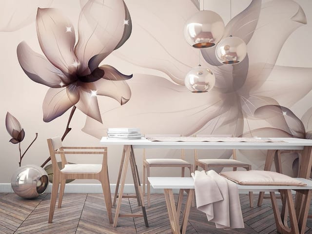 Fototapeta z dużym kwiatem magnolii na gałęzi z liśćmi i rozmytym tłem