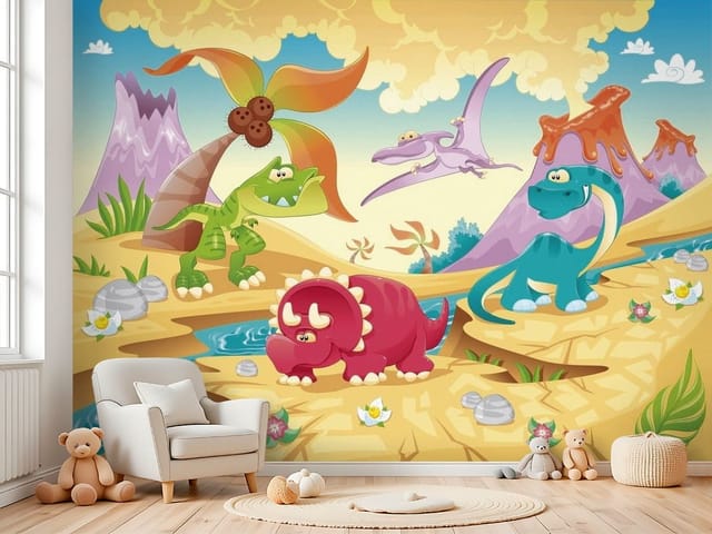 Fototapeta Dinozaury dziecięce – kolorowe dinozaury na pustyni
