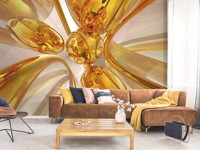 Fototapeta z abstrakcyjnymi złotymi formami przestrzennymi i refleksami świetlnymi